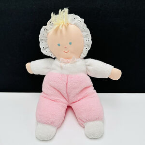 Vintage Eden Pink White Doll Terry Cloth Blue Eyes Bonnet Lace Soft Plush 10”Toy